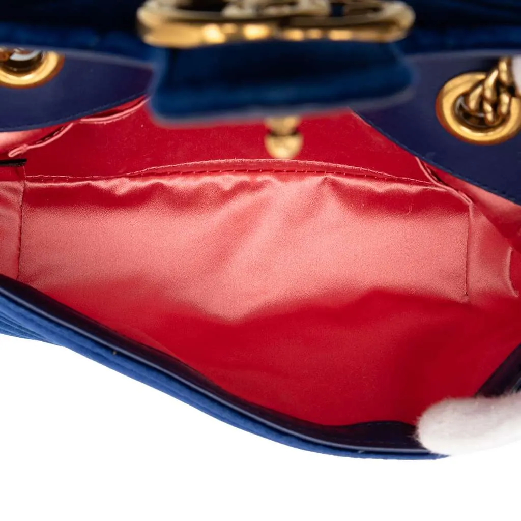 Gucci Small GG Marmont Matelasse Velvet Shoulder Bag Blue Velvet Good - Model View