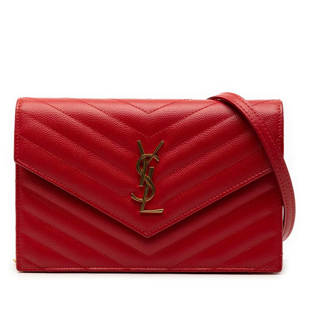 Saint Laurent Grain De Poudre Matelasse Chevron Monogram Chain Wallet