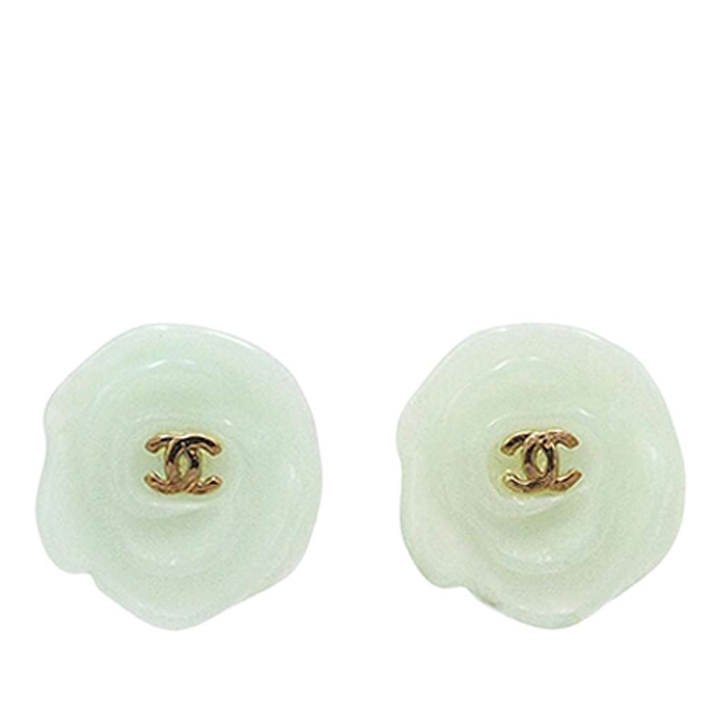 Chanel CC Resin Gold Plated Camellia Push Back Earrings