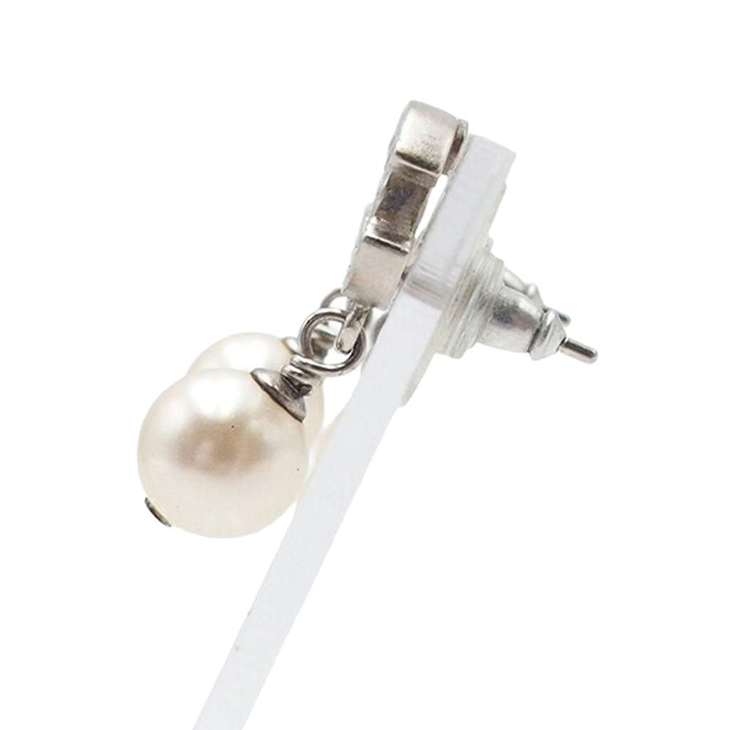 Chanel CC Silver Plated Faux Pearl Drop Push Back Earrings - 2