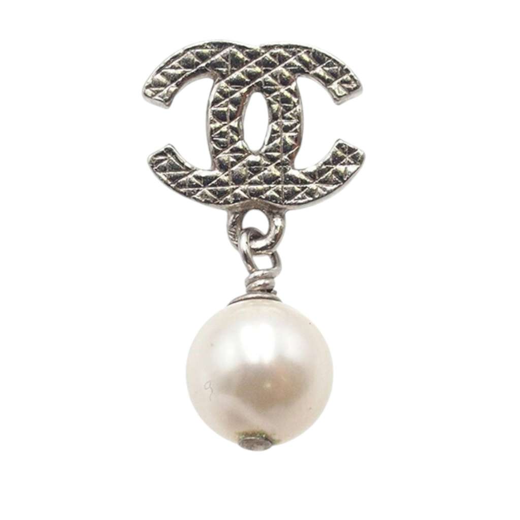 Chanel CC Silver Plated Faux Pearl Drop Push Back Earrings - 4
