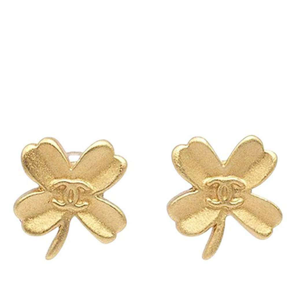 Chanel CC Gold Plated Clover Push Back Earrings