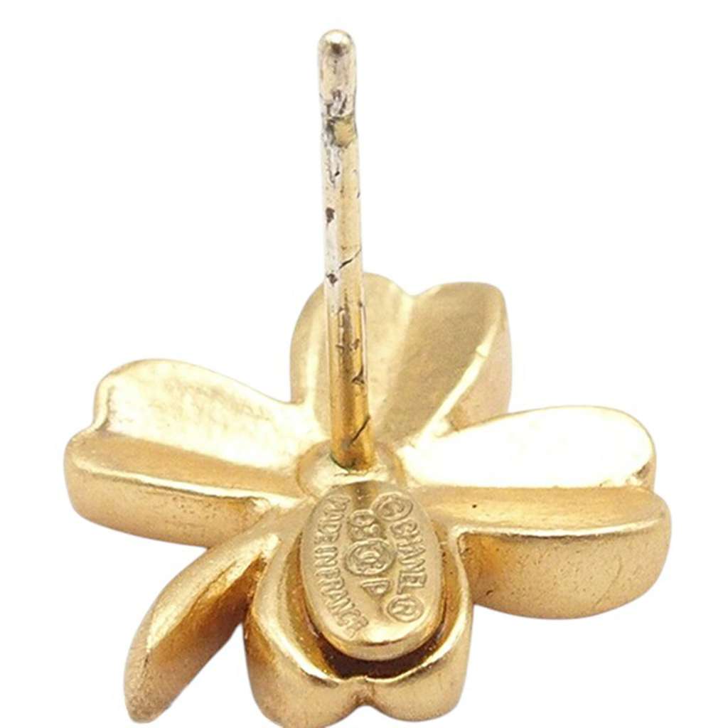 Chanel CC Gold Plated Clover Push Back Earrings - 4