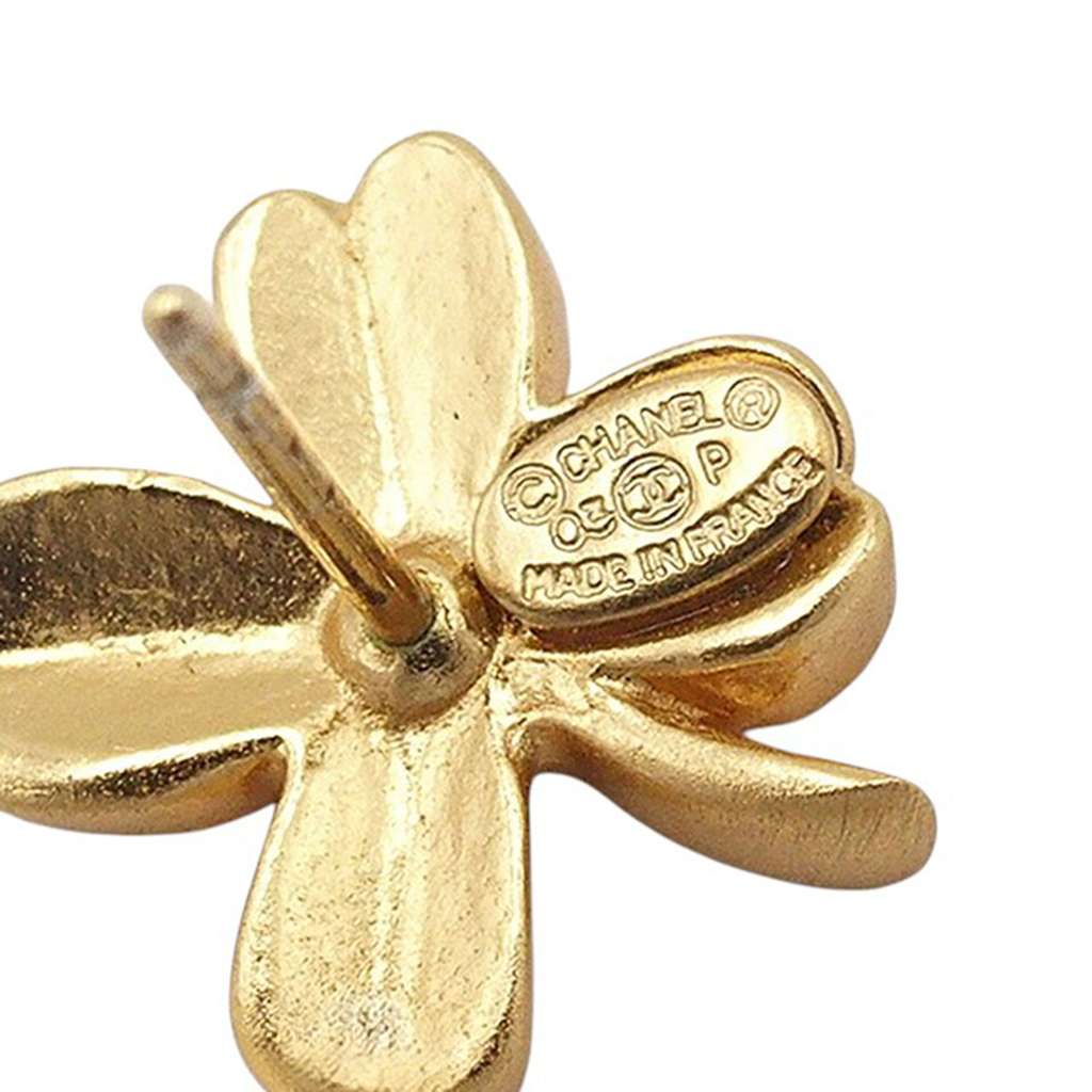 Chanel CC Gold Plated Clover Push Back Earrings - 5