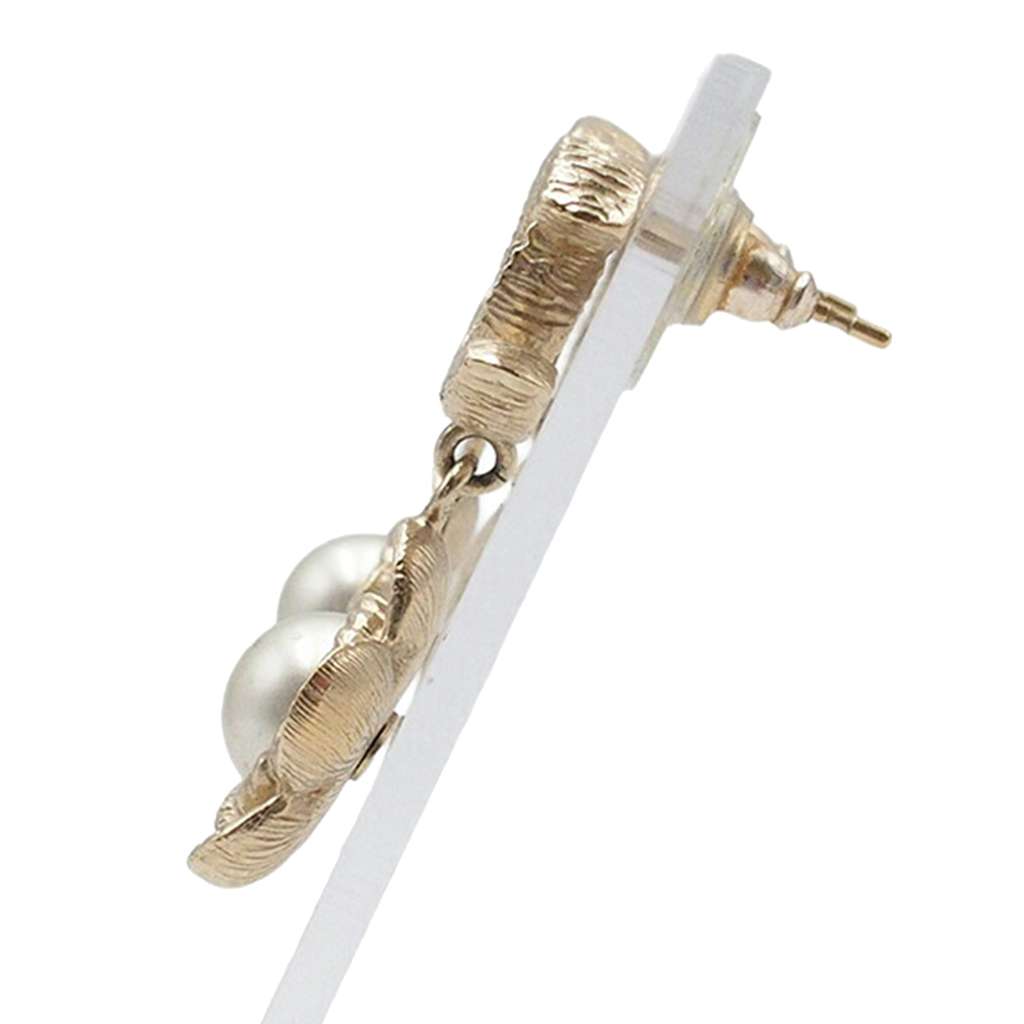Chanel CC Gold Plated Faux Pearl Flower Drop Push Back Earrings - 2