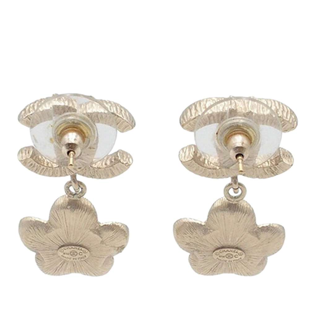 Chanel CC Gold Plated Faux Pearl Flower Drop Push Back Earrings - 3