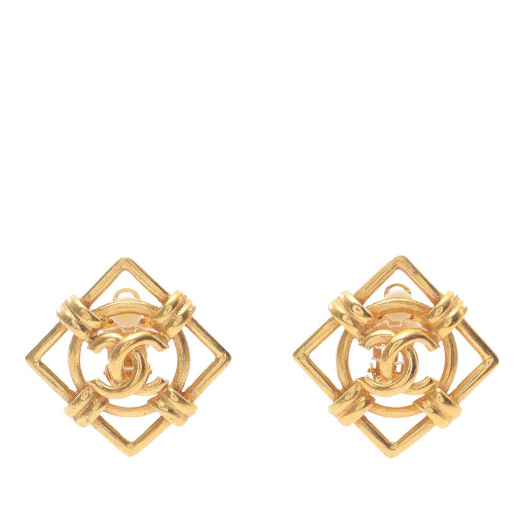 Chanel Gold Plated CC Square Frame Clip On Earrings