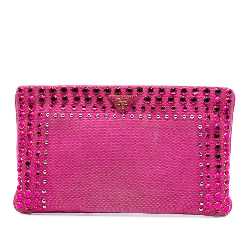 Prada Canvas Canapa Studded Vernice Clutch