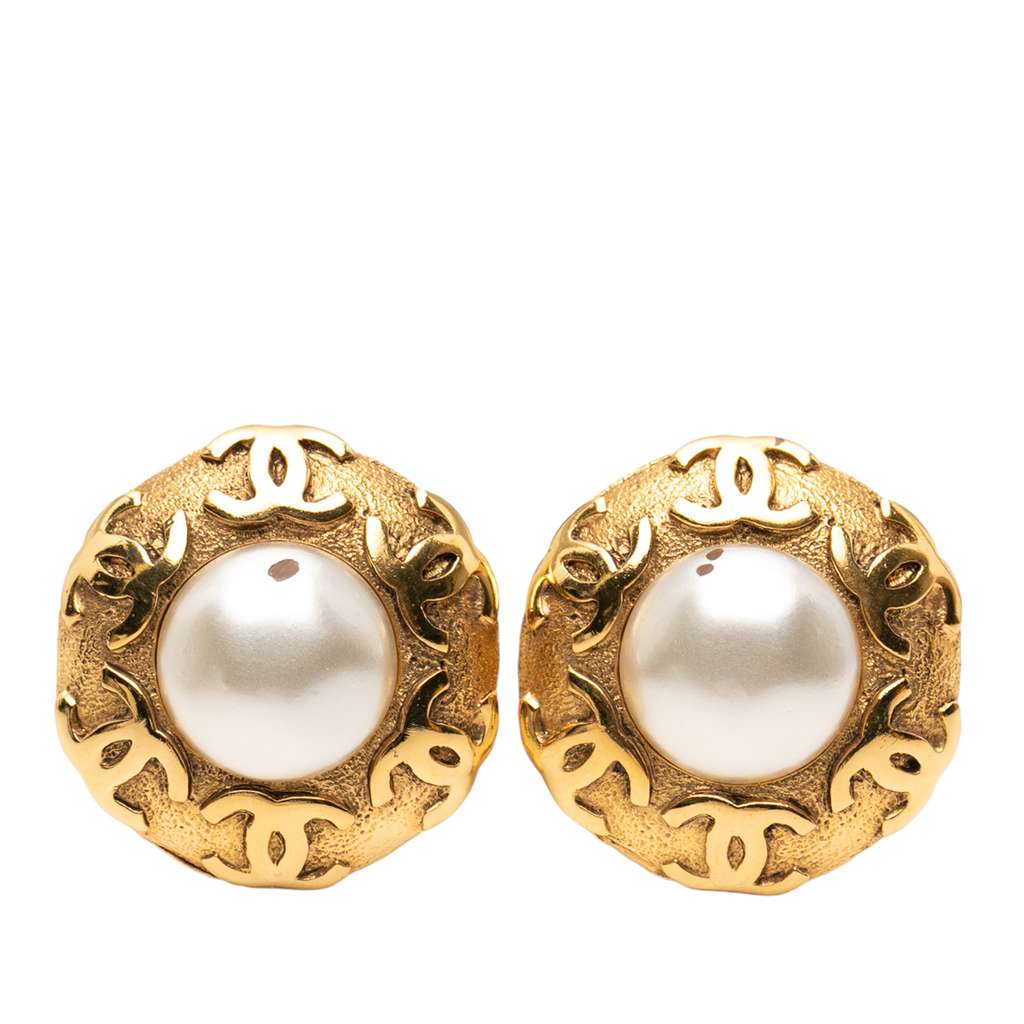 Chanel CC Gold Plated Faux Pearl Round Clip on Earrings