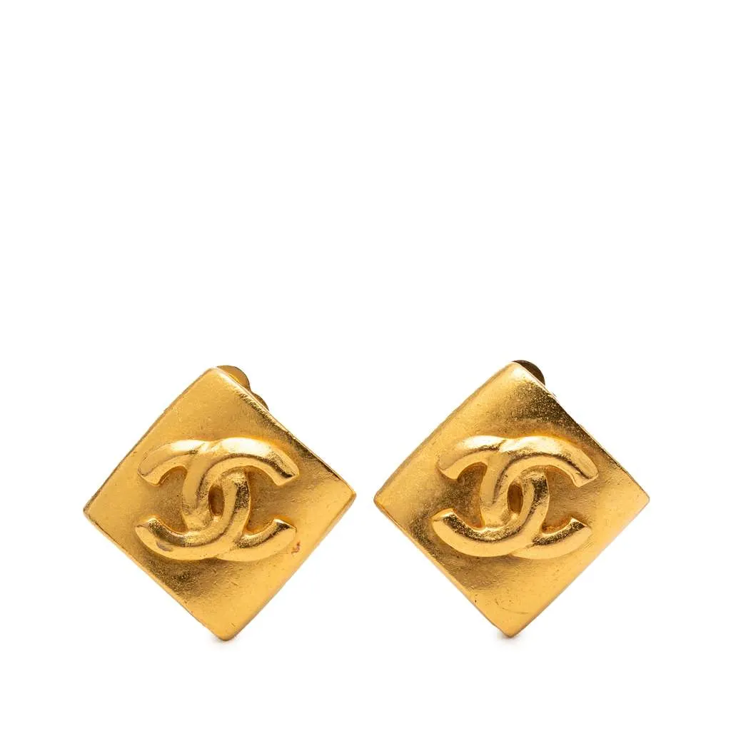 Chanel Gold Plated CC Rhombus Clip On Earrings Gold Metal Good - Front View