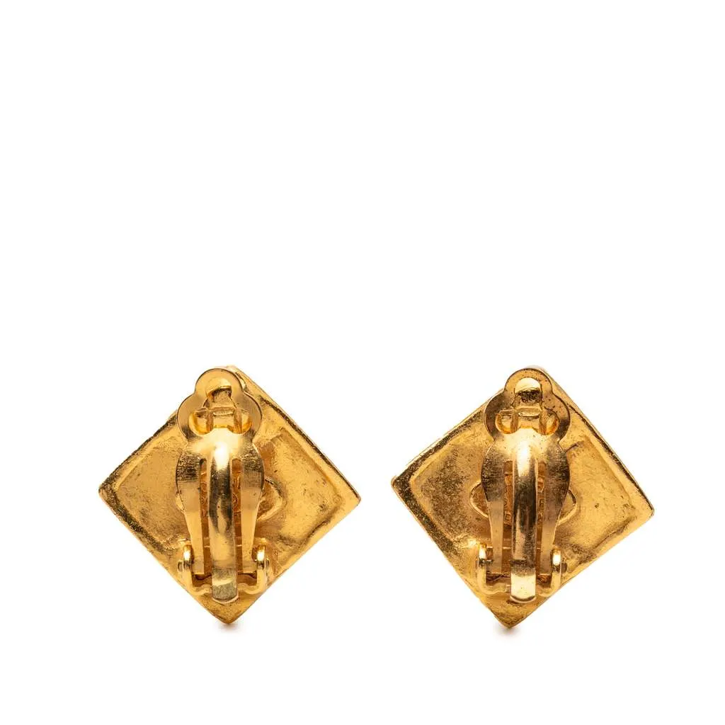 Chanel Gold Plated CC Rhombus Clip On Earrings Gold Metal Good - Back View