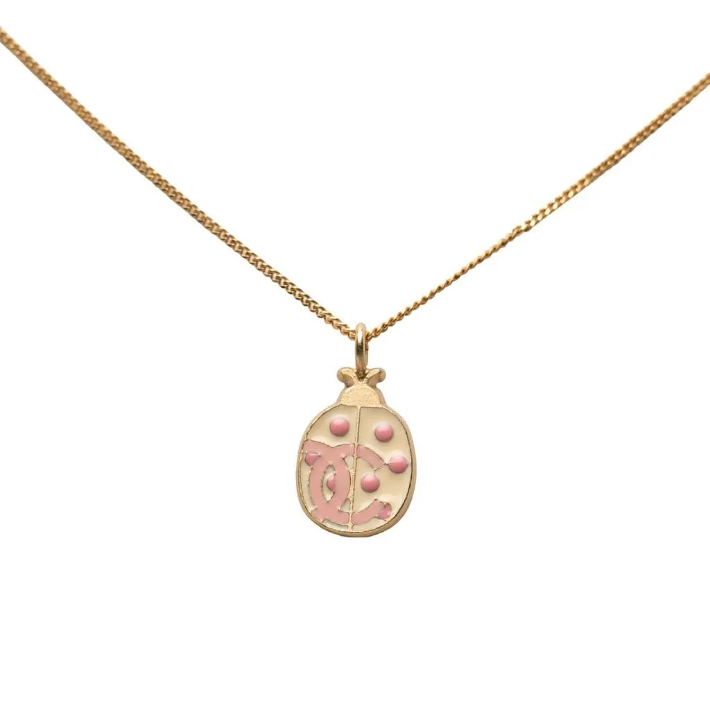 Chanel CC Gold Plated Enamel Lady Bug Pendant Necklace Gold Metal Good - Front View