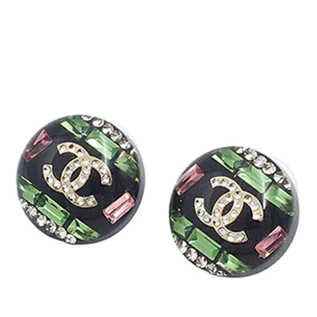 Chanel CC Resin Rhinestones Round Push Back Earrings - 2