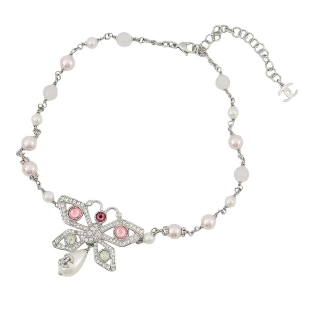 Chanel CC Silver Plated Rhinestone and Faux Pearl Butterfly Choker Necklace Silver Metal Good - Front View