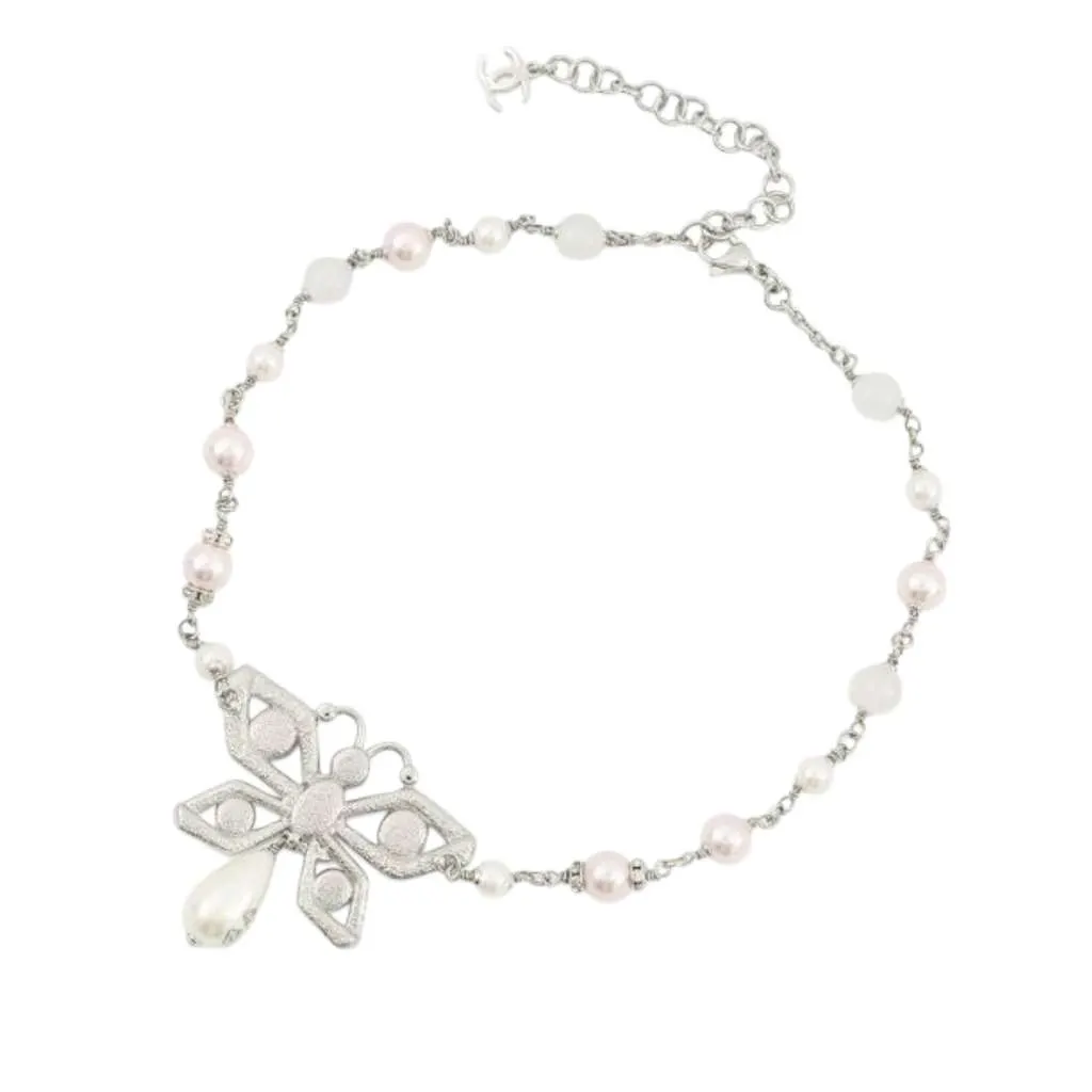 Chanel CC Silver Plated Rhinestone and Faux Pearl Butterfly Choker Necklace Silver Metal Good - Back View