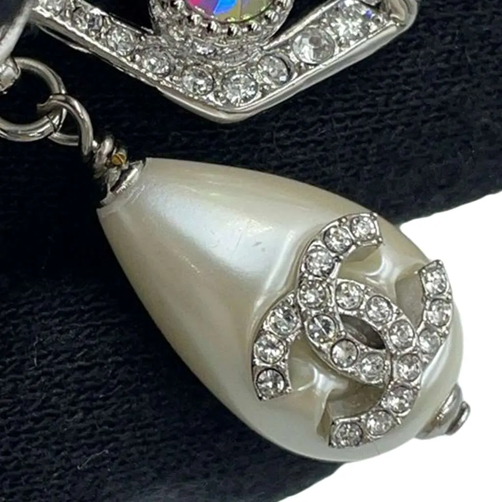 Chanel CC Silver Plated Rhinestone and Faux Pearl Butterfly Choker Necklace Silver Metal Good - Box View