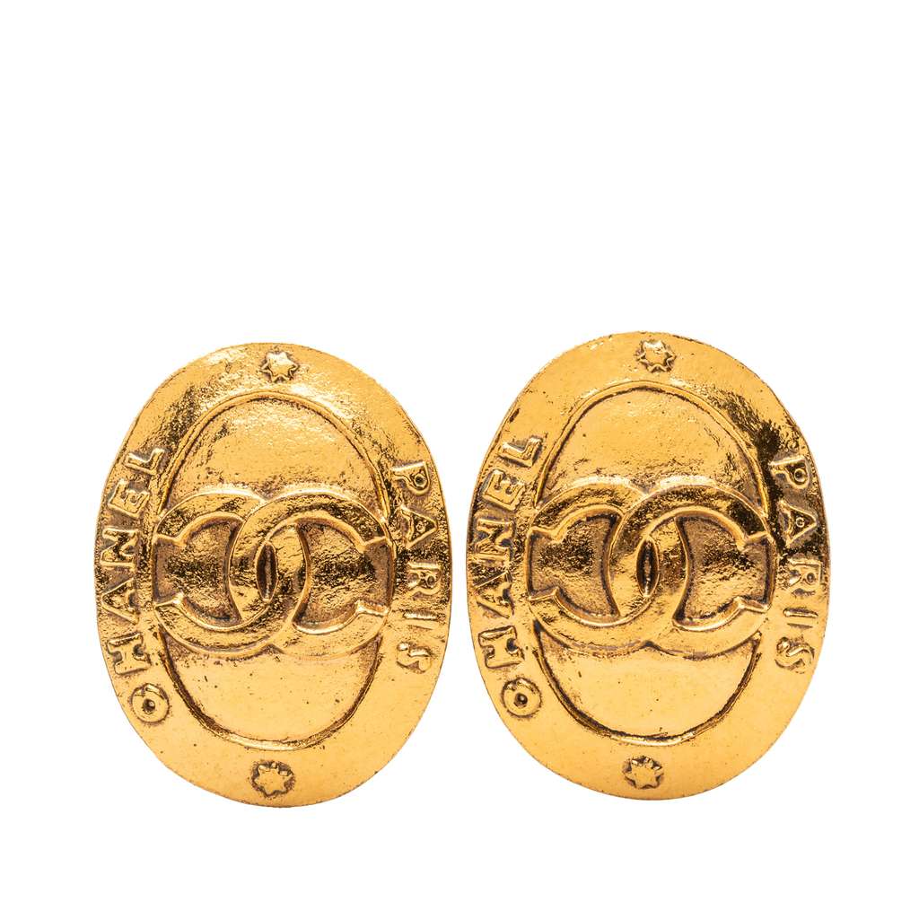 Chanel CC Gold Plated Logo Oval Clip On Earrings