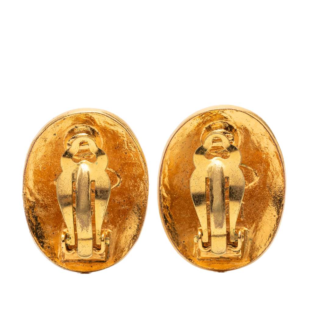 Chanel CC Gold Plated Logo Oval Clip On Earrings - 2