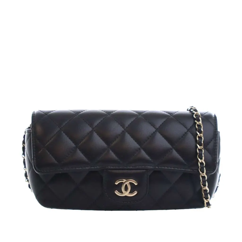 Chanel Quilted Lambskin Classic Glasses Case on Chain Black Leather Good - Front View