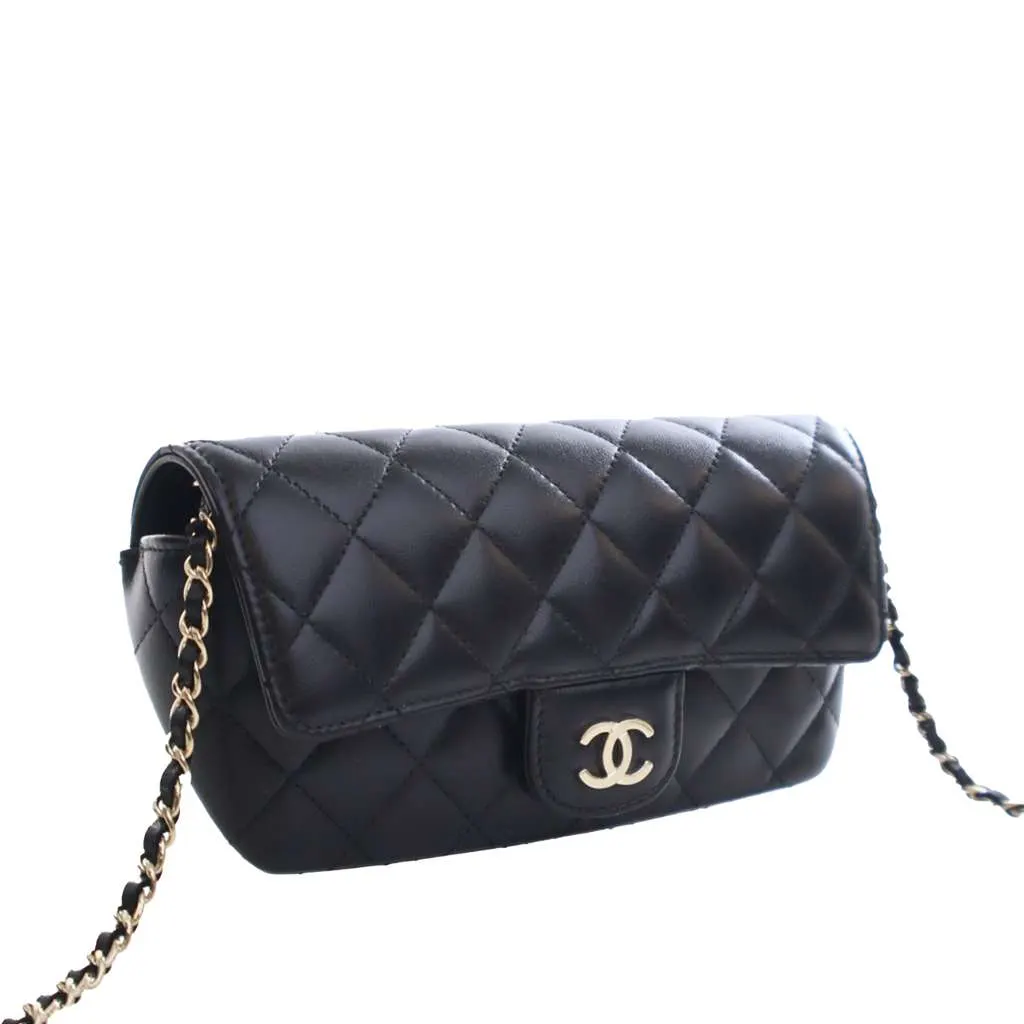 Chanel Quilted Lambskin Classic Glasses Case on Chain Black Leather Good - Back View