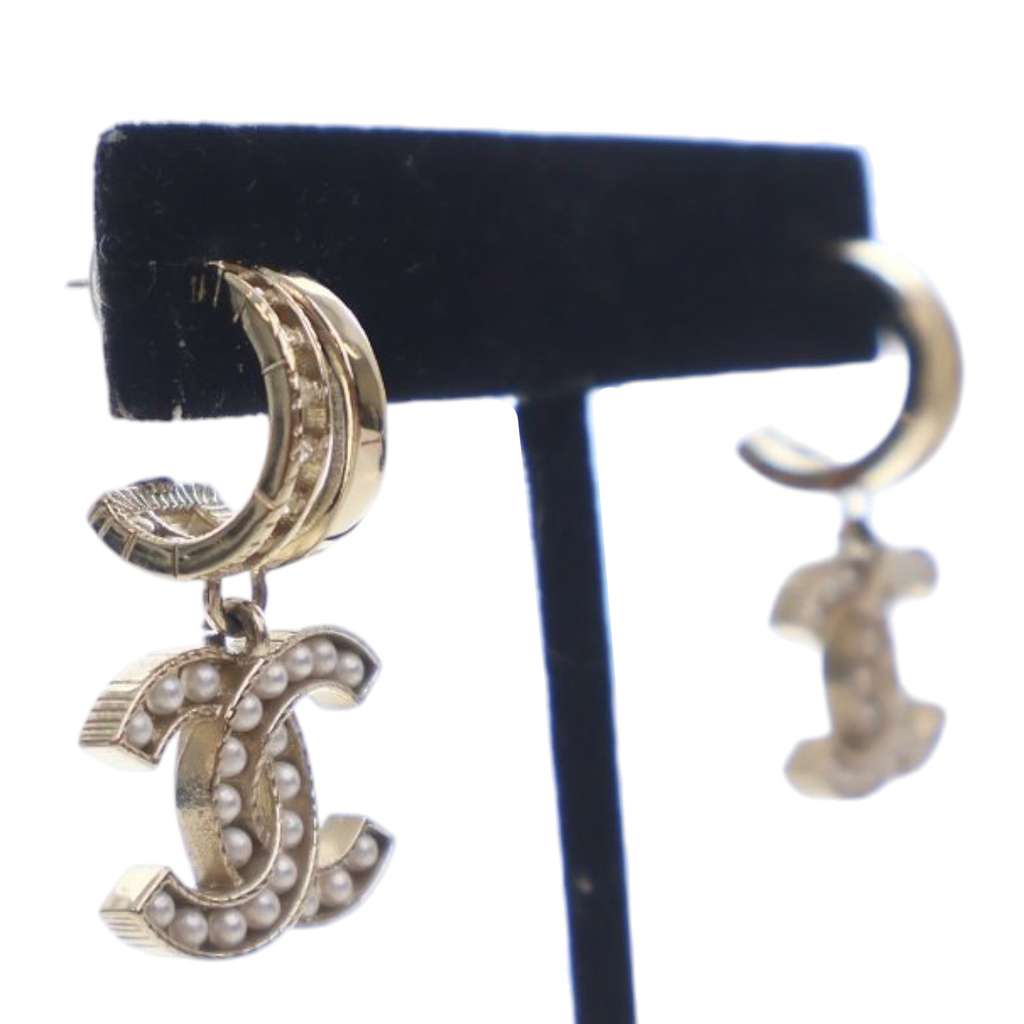 Chanel CC Gold Plated Faux Pearl Drop Push Back Earrings - 5
