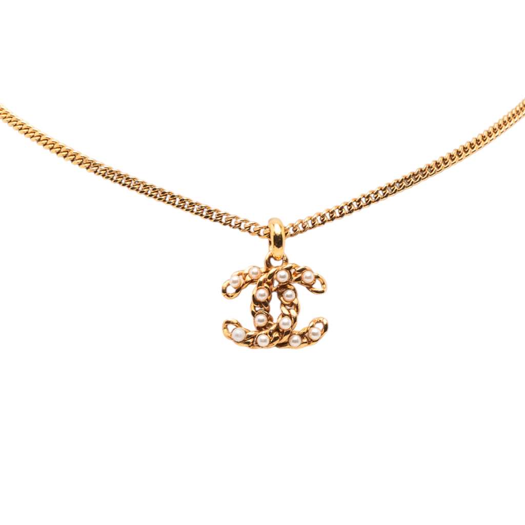 Chanel Gold Plated Faux Pearl CC Pendant Necklace - 5