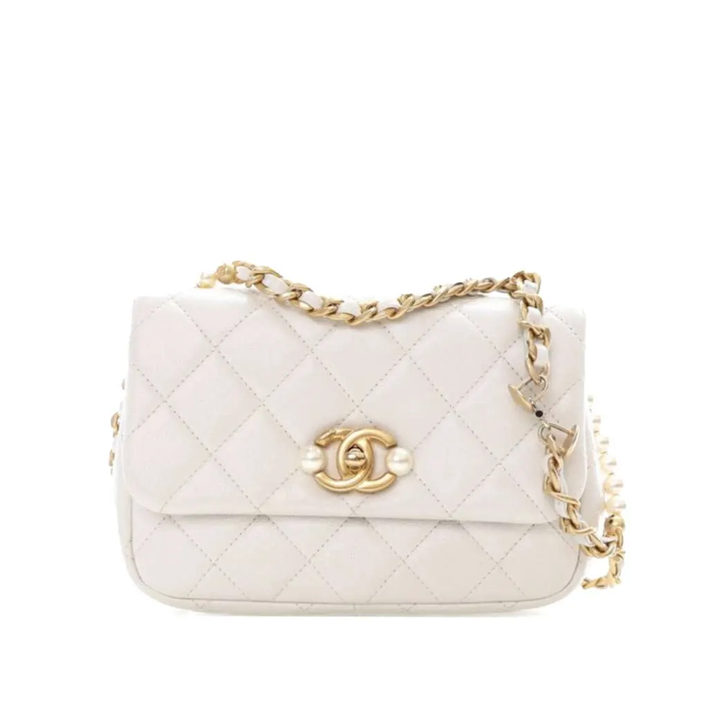 Chanel Mini Glazed Calfskin Pearl Side Flap White Leather Good - Front View
