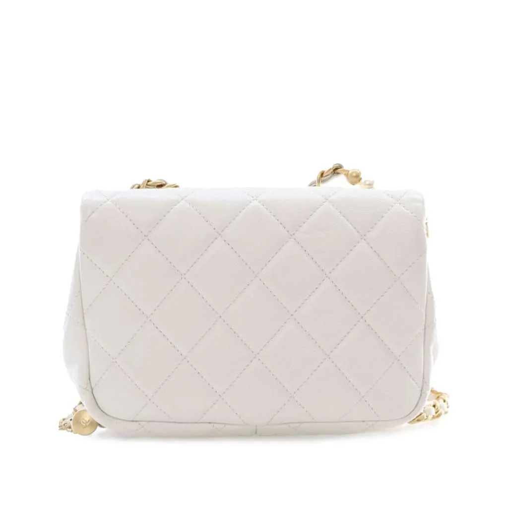 Chanel Mini Glazed Calfskin Pearl Side Flap White Leather Good - Back View