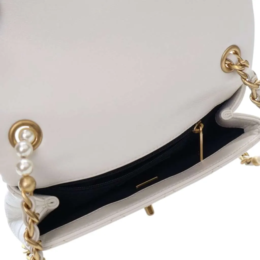 Chanel Mini Glazed Calfskin Pearl Side Flap White Leather Good - Model View