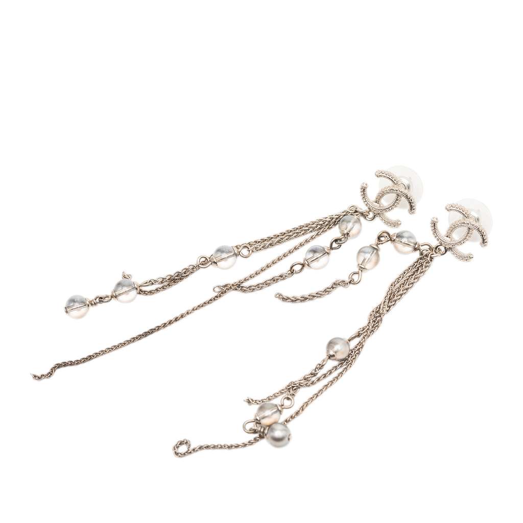 Chanel Gold Plated CC Faux Pearl Chain Drop Push Back Earrings