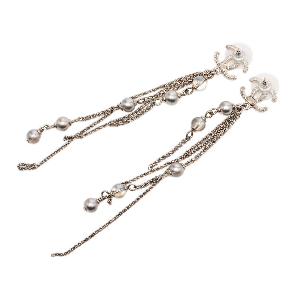 Chanel Gold Plated CC Faux Pearl Chain Drop Push Back Earrings - 2