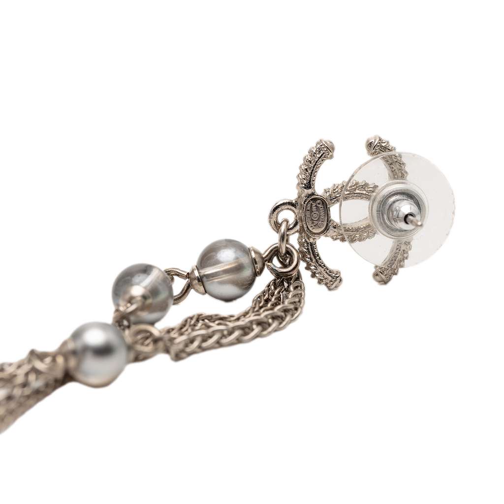 Chanel Gold Plated CC Faux Pearl Chain Drop Push Back Earrings - 3