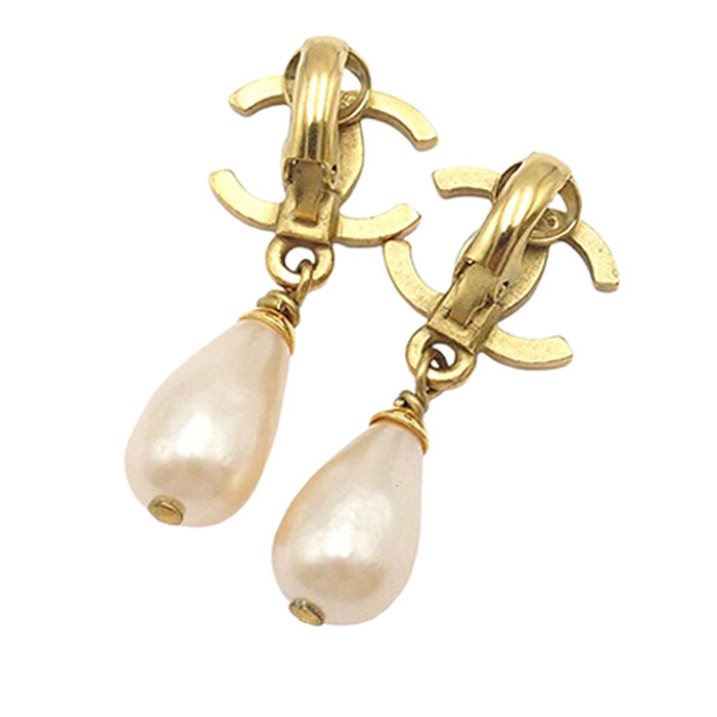 Chanel CC Gold Plated Faux Pearl Drop Clip on Earrings - 2