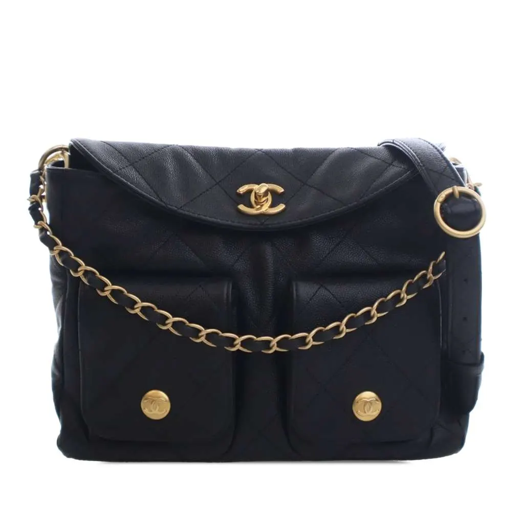 Chanel Quilted Caviar Supple Twins Hobo Bag Black Leather Good - Front View