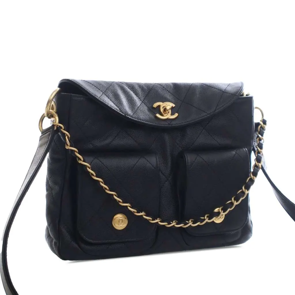 Chanel Quilted Caviar Supple Twins Hobo Bag Black Leather Good - Back View