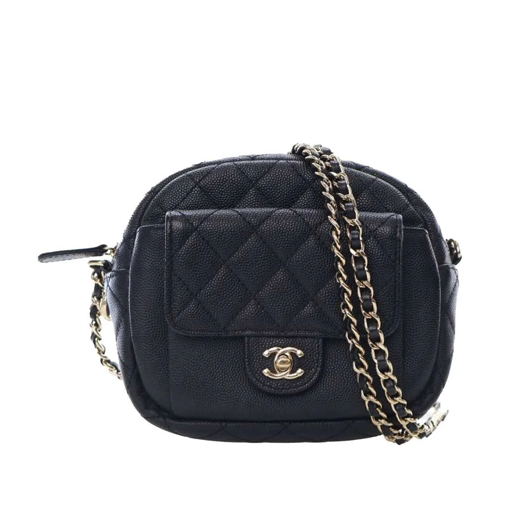 Chanel Quilted Caviar CC Day Camera Bag Black Leather Good - Front View