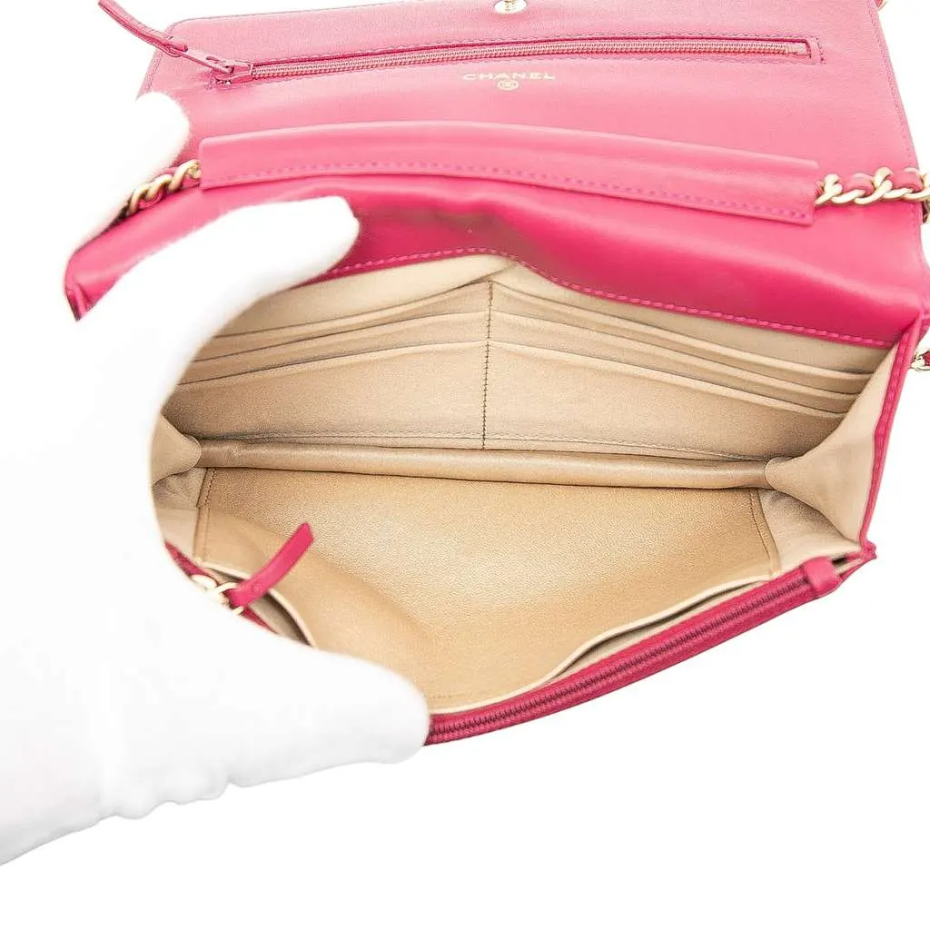 Chanel CC Embossed Lambskin Camellia Wallet On Chain Pink Leather Very good - Model View