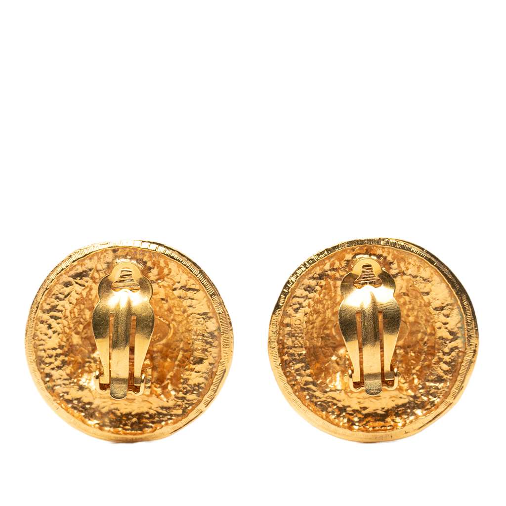 Chanel CC Gold Plated Crest Round Clip On Earrings - 2