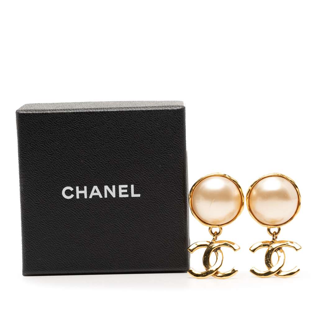 Chanel Gold Plated Faux Pearl CC Drop Clip On Earrings - 4