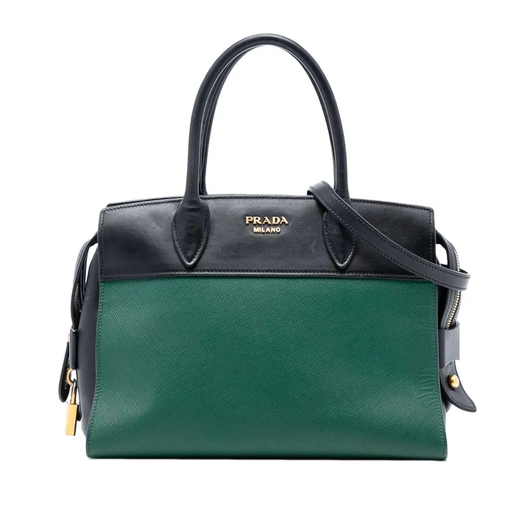 Prada Saffiano and City Calf Esplanade Satchel Green Leather Very good - Front View