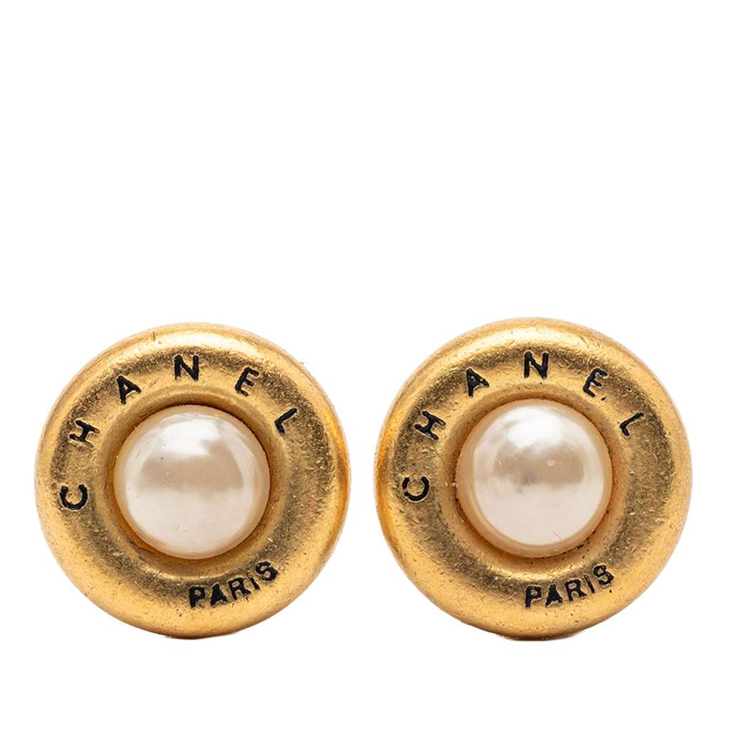 Chanel Gold Plated Faux Pearl Logo Round Clip on Earrings