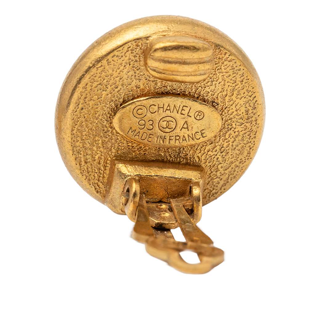 Chanel Gold Plated Faux Pearl Logo Round Clip on Earrings - 3