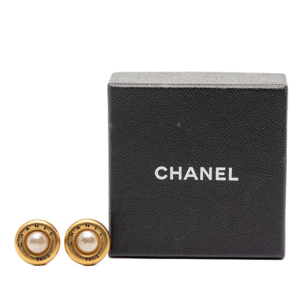Chanel Gold Plated Faux Pearl Logo Round Clip on Earrings - 4