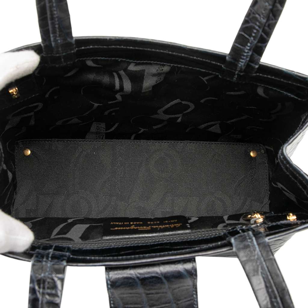 Salvatore Ferragamo Croc Embossed Leather Vara Bow Satchel - 4