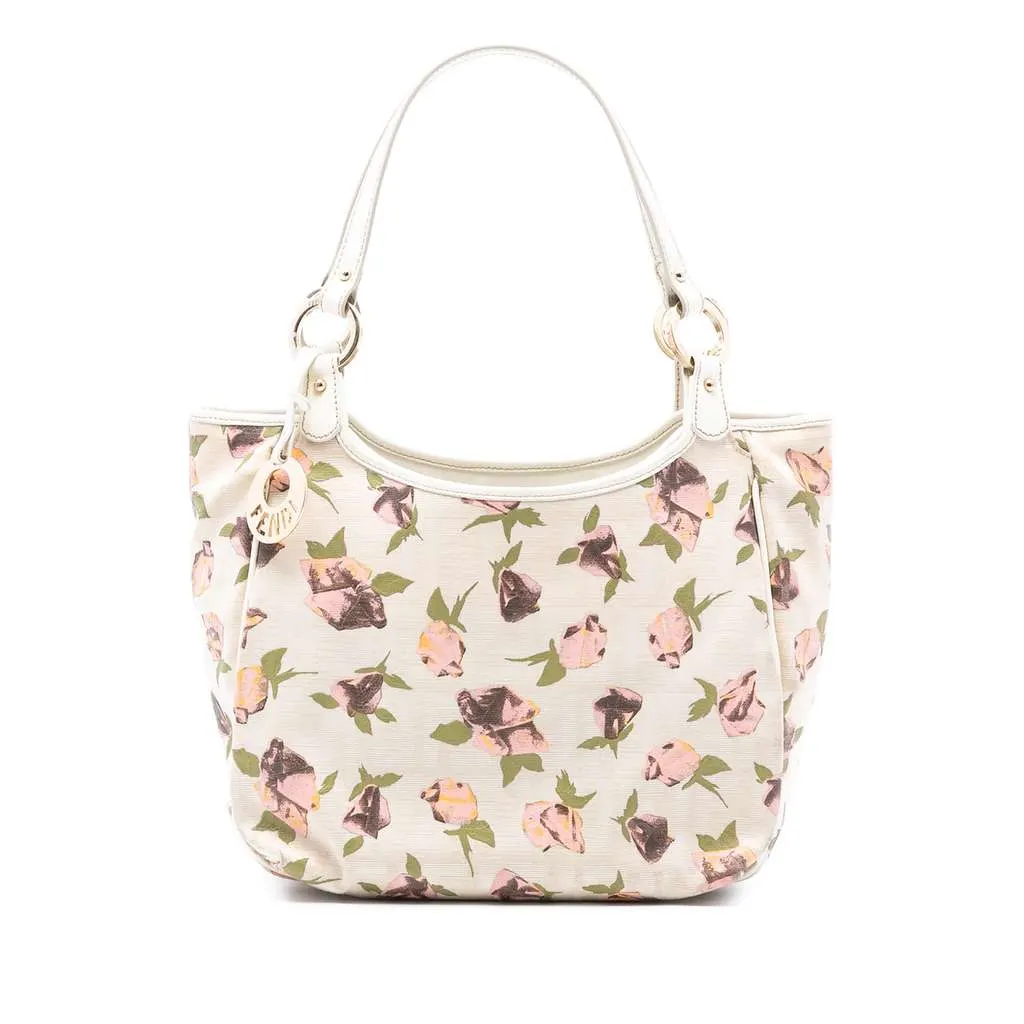 Fendi Zucca Canvas Rose Printed Chef Handbag Brown Canvas Good - Front View