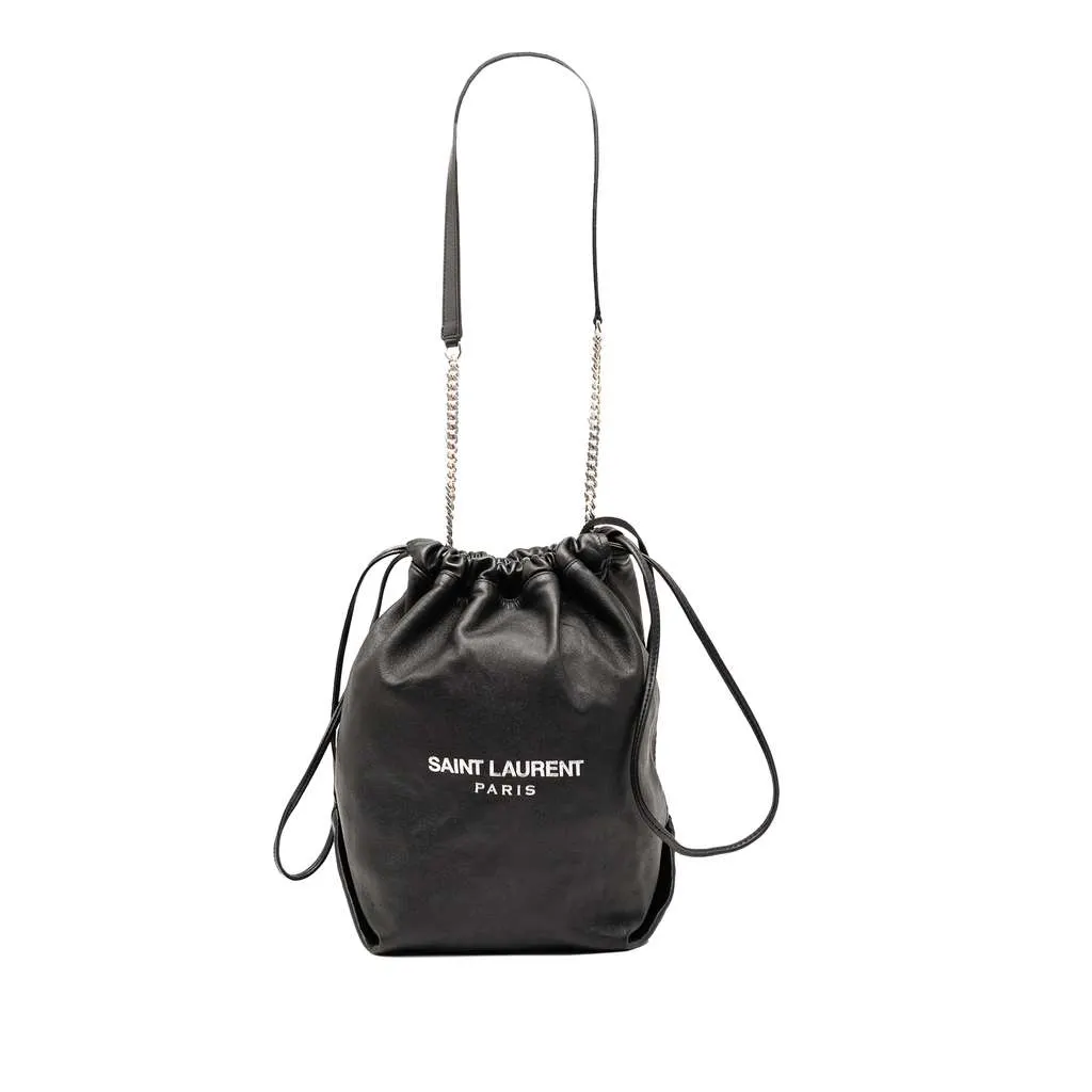 Saint Laurent Small Lambskin Teddy Bucket Bag Black Leather Good - Front View