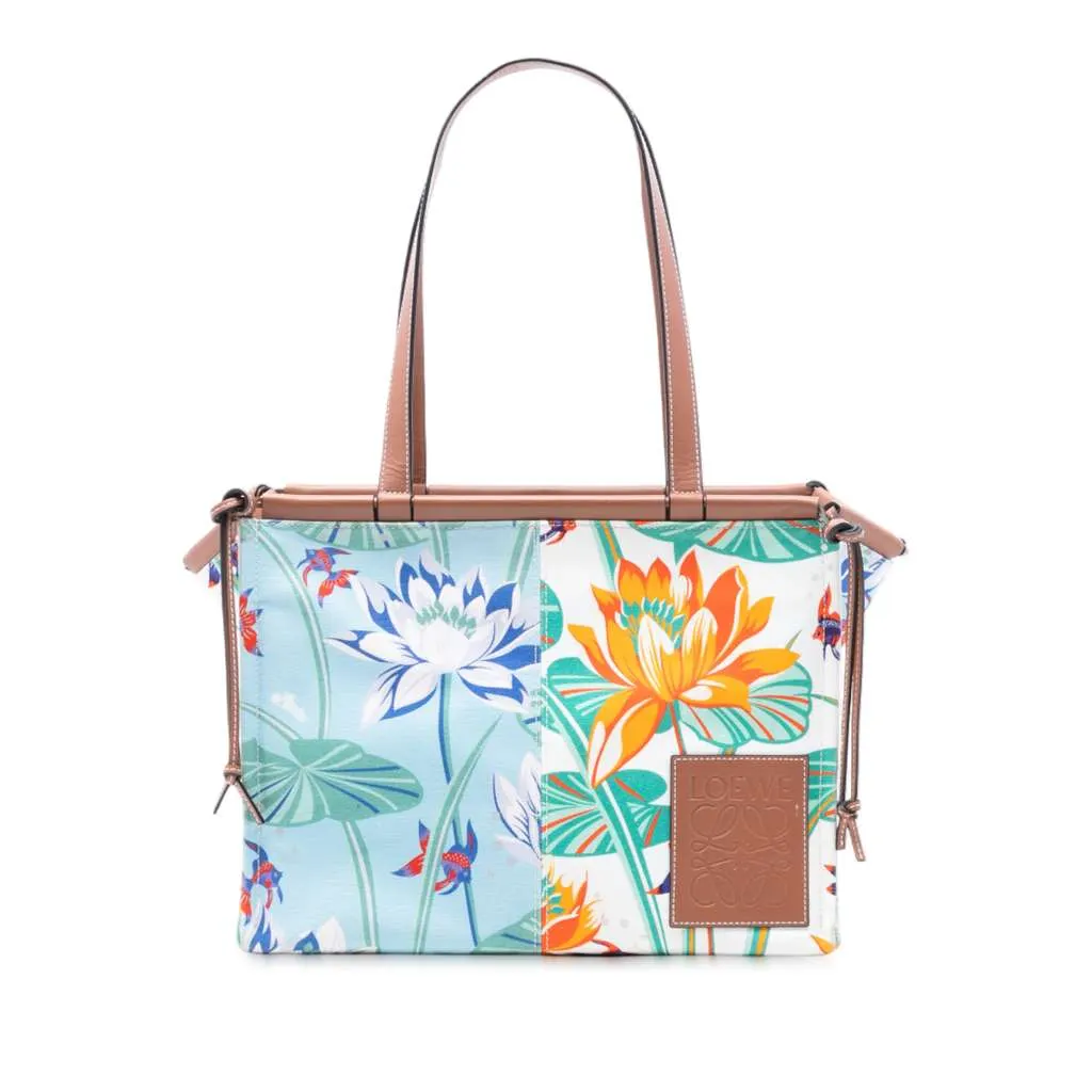 Loewe Paulas Ibiza Small Canvas Waterlily Print Cushion Tote Green Canvas Very good - Front View