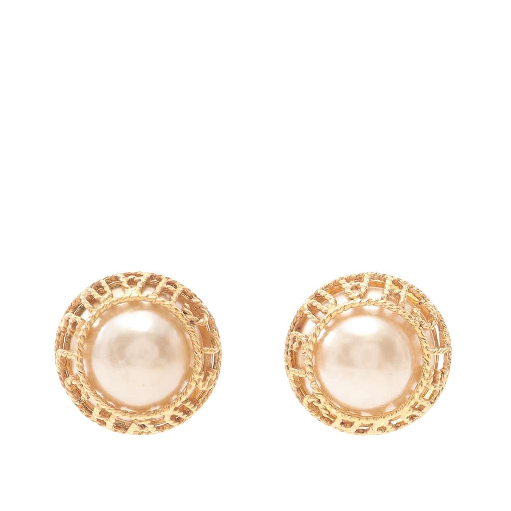 Chanel Gold Plated Faux Pearl Logo Clip On Earrings