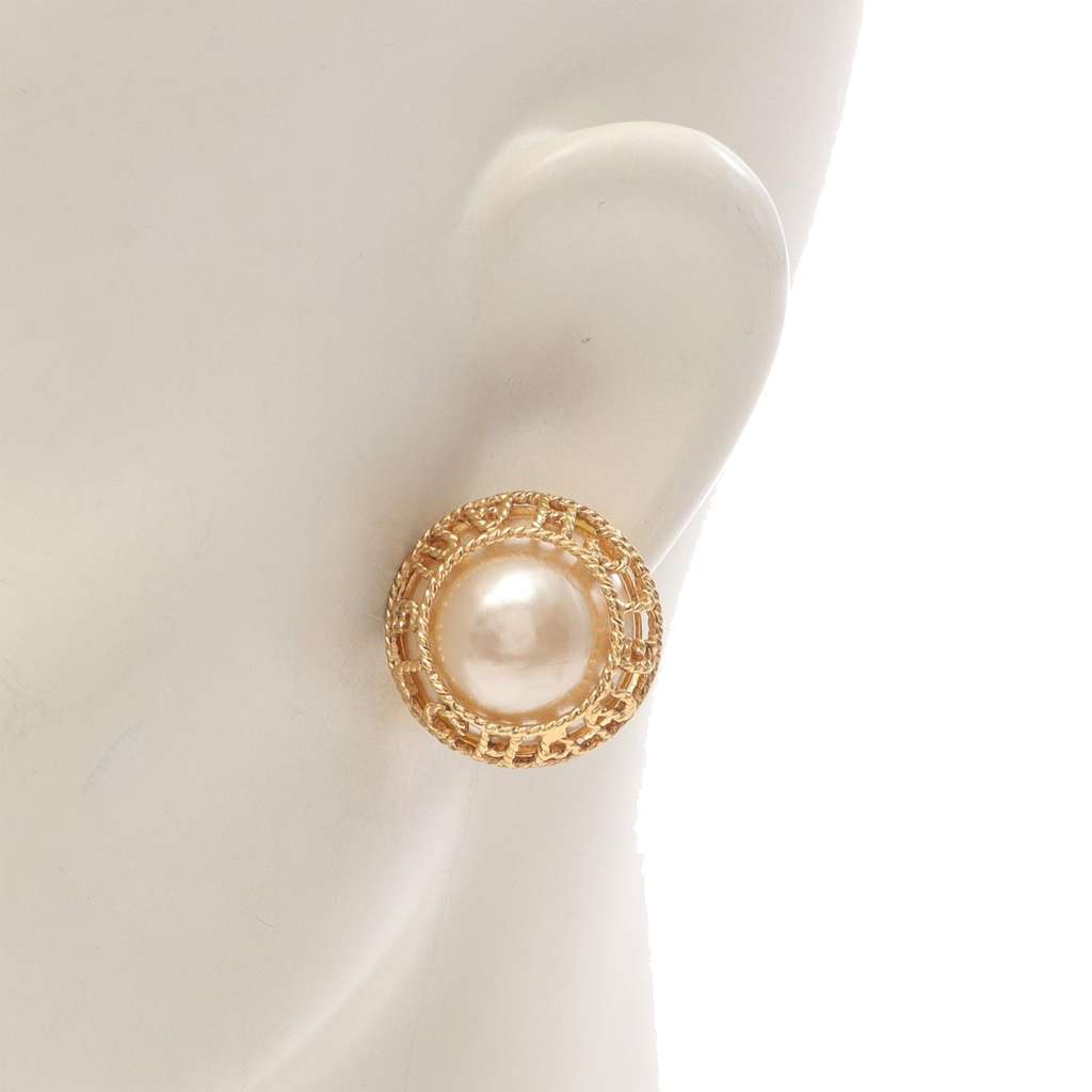 Chanel Gold Plated Faux Pearl Logo Clip On Earrings - 4