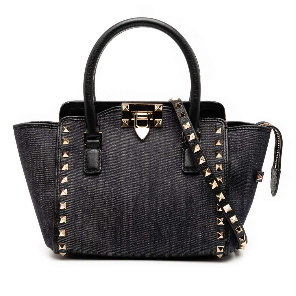 Valentino Small Denim Rockstud Trapeze Satchel